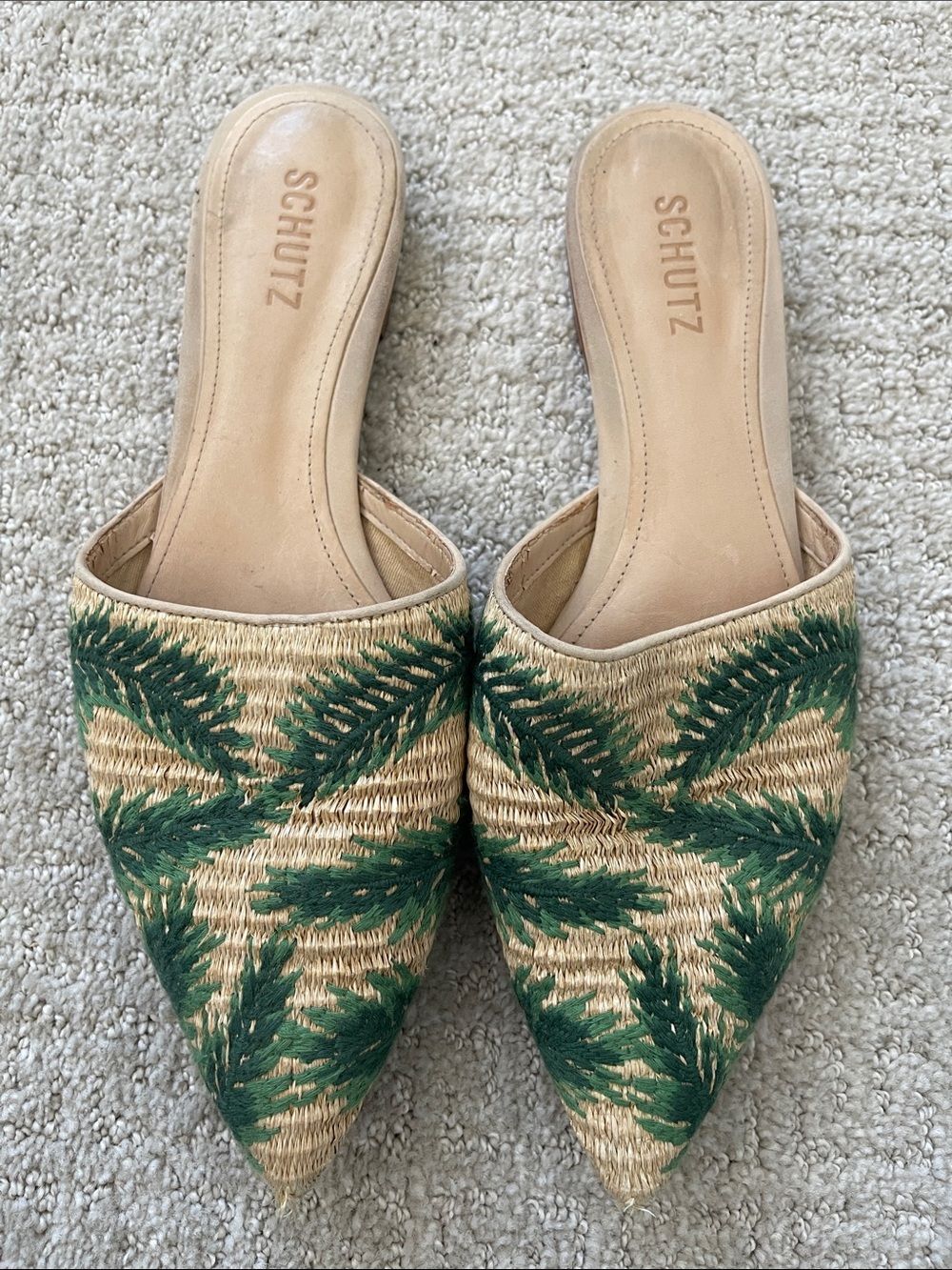 SCHUTZ Natural and Green Pointed Slip-On Embroidered Mules with Shoe Bag